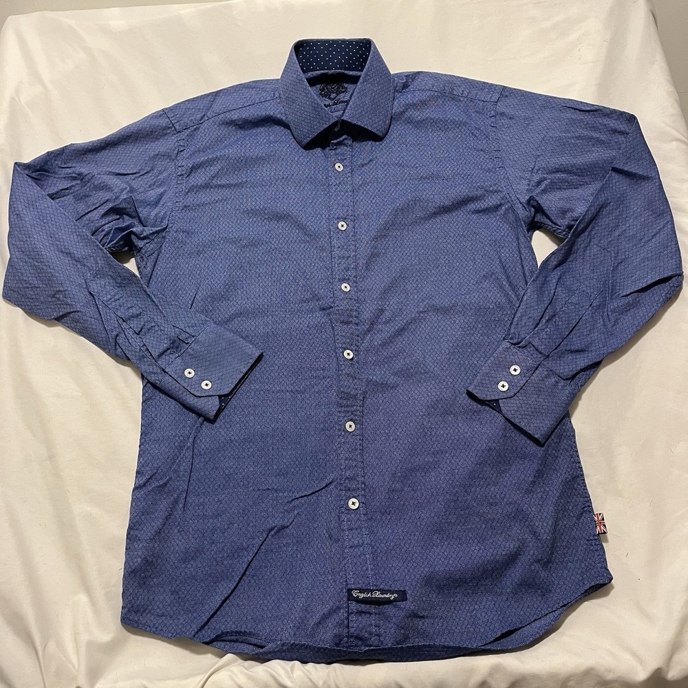 English Laundry Shirt Mens 15.5x34/35 Blue Houndstooth Flip Cuff Cutaway Collar